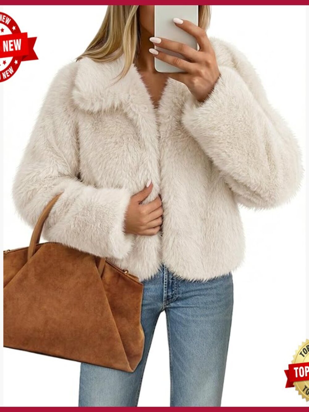 Faux Fur Cropped Jacket with Pockets, Winter Outerwear, Loose Fit